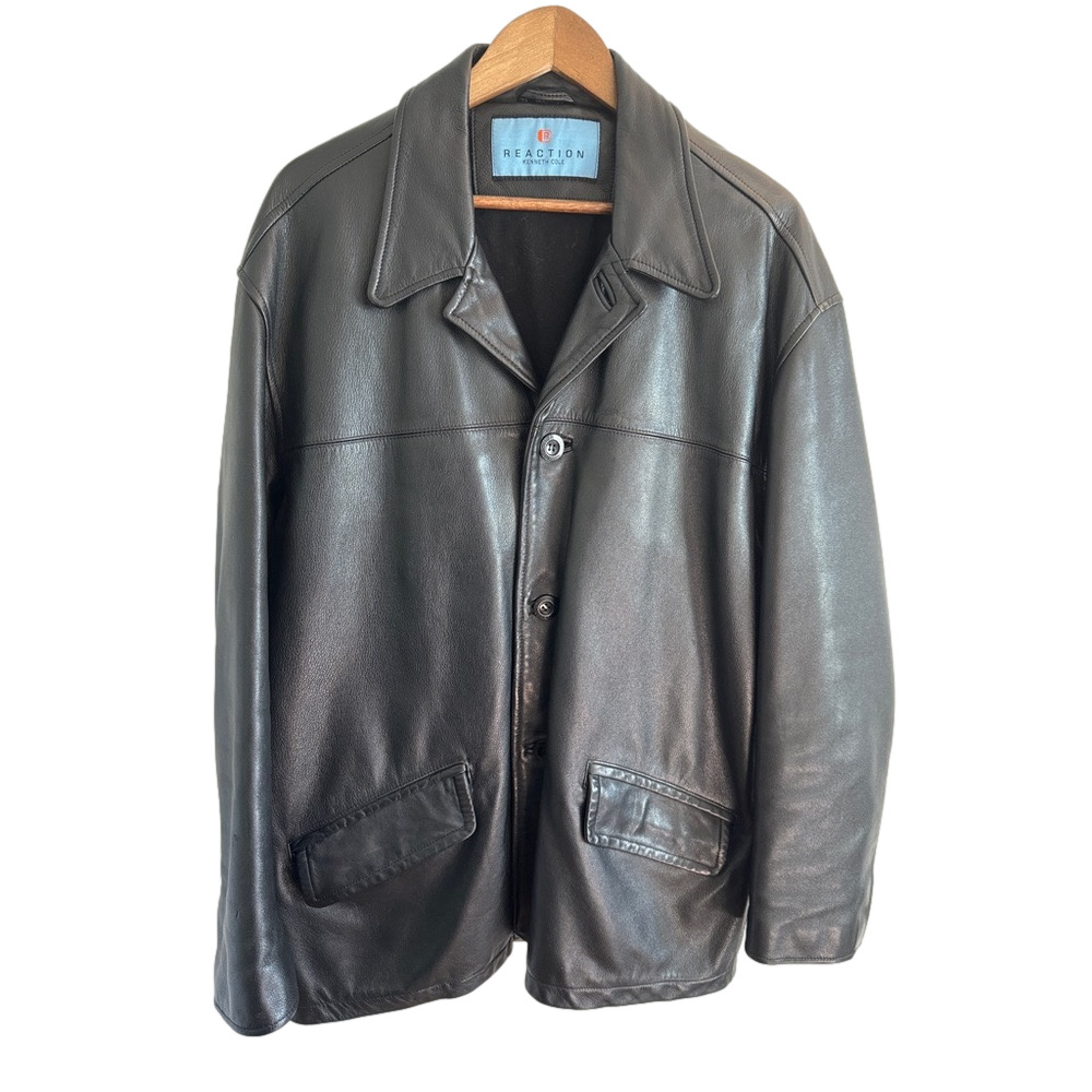 REACTION Kenneth Cole Vintage Leather Jacket Button Car Coat Size L